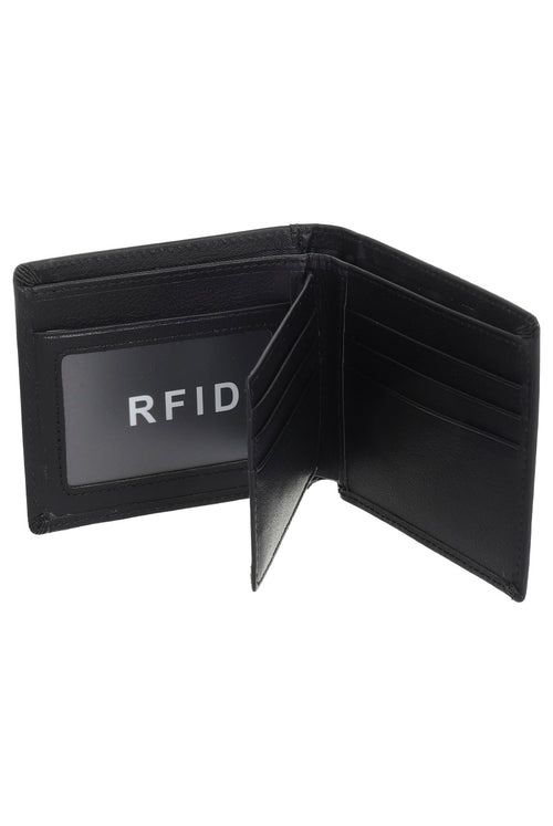 Billetera de Cuero Slim Namaro Bags - interior abierto con protección RFID y ranuras para tarjetas