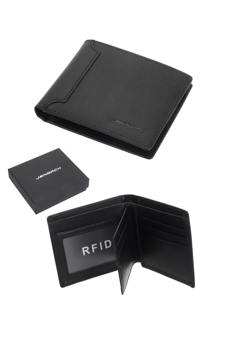 Billetera de Cuero Slim Namaro Bags - collage con estuche de regalo JENBACH e interior con protección RFID