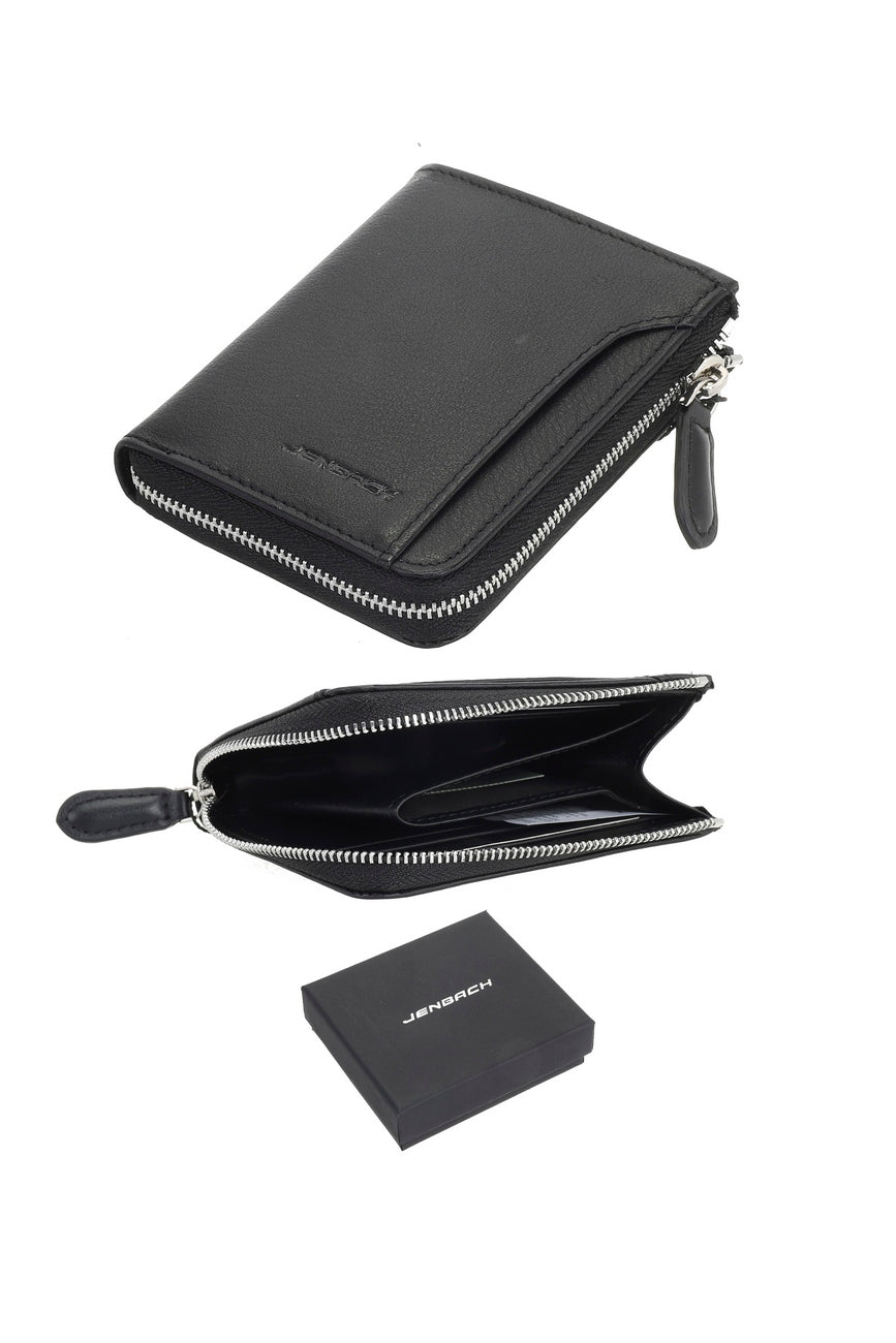 Billetera de Cuero con Cierre Metálico Namaro Bags - collage con interior abierto y estuche de regalo JENBACH