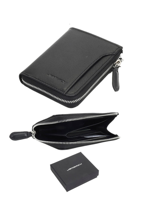 Billetera de Cuero con Cierre Metálico Namaro Bags - collage con interior abierto y estuche de regalo JENBACH