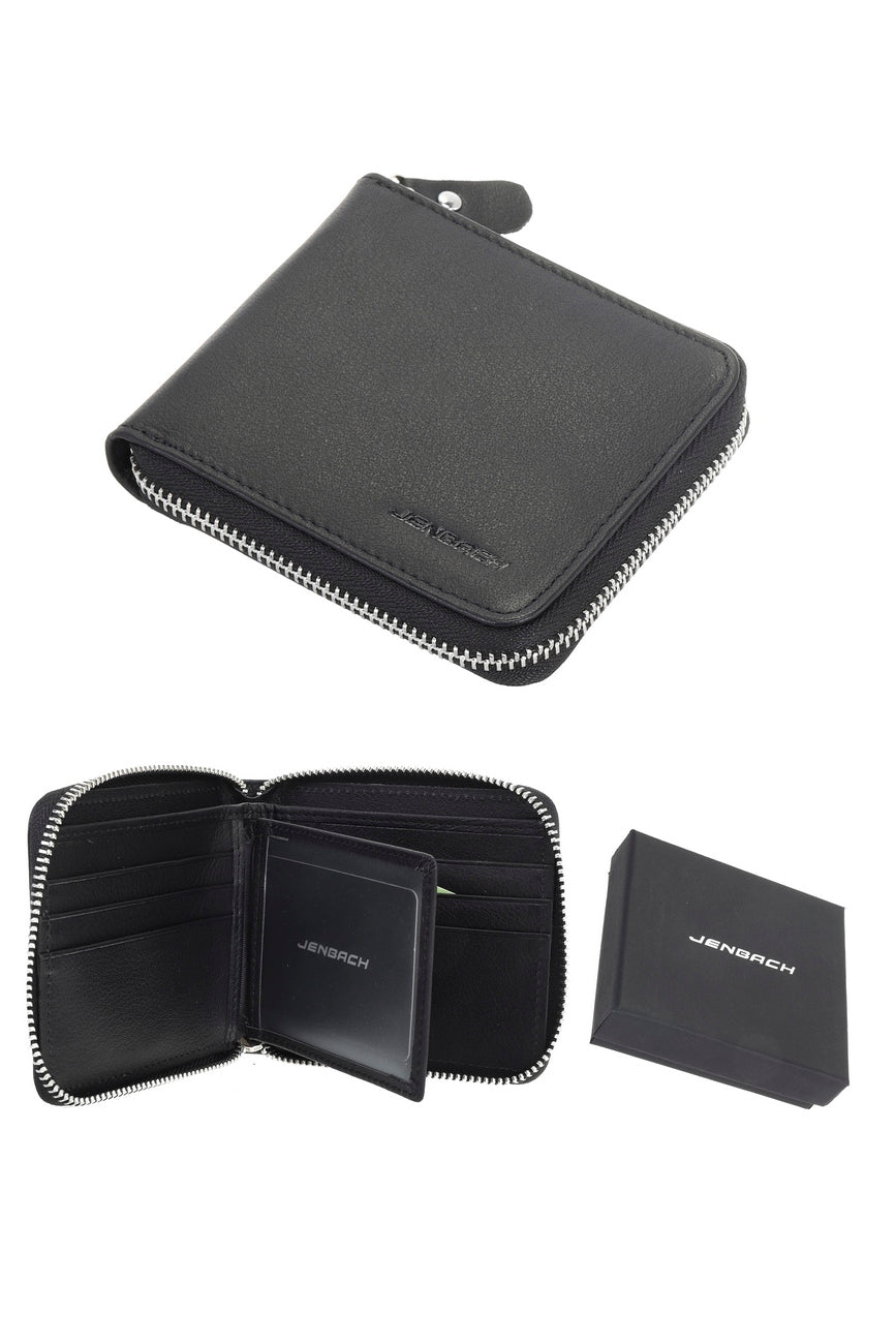 Billetera de Cuero Zip Namaro Bags - collage con vista frontal, interior y estuche de regalo JENBACH